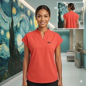 Koi Basics Womens Scrub Top Red Split Neck Cap Sleeve Style 1093 Size Medium